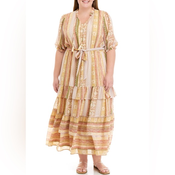 Wonderly Dresses & Skirts - Wonderly Plus Size Elbow Sleeve Tiered Yarn Dyed Dress size 2x muted multicolor